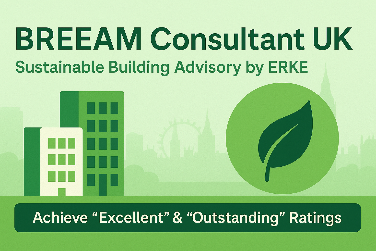 BREEAM Consultant UK banner with green buildings and leaf, ERKE Sustainability Consultancy
