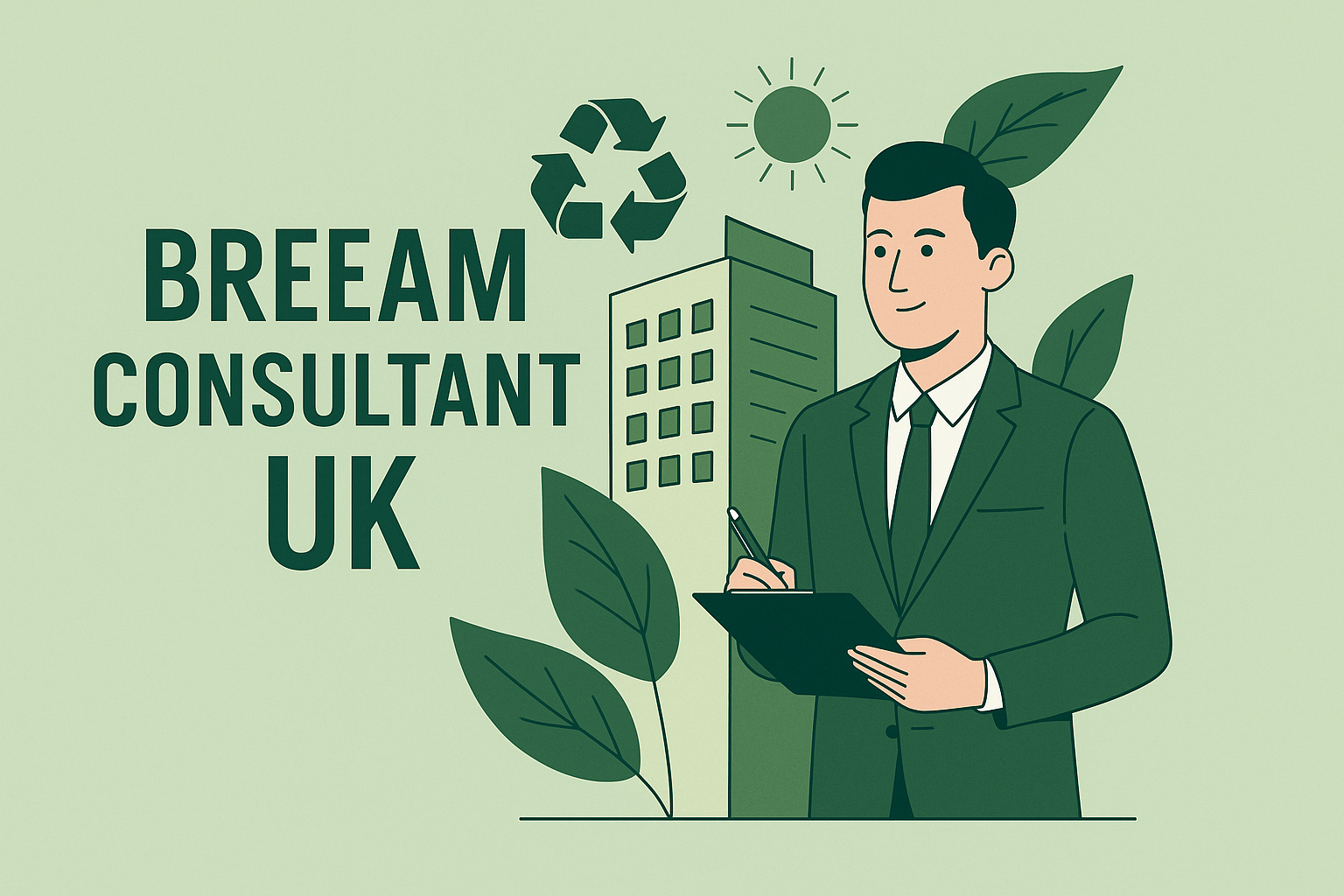 A BREEAM consultant in a green suit holding a clipboard, standing in front of sustainable building icons and environmental symbols.