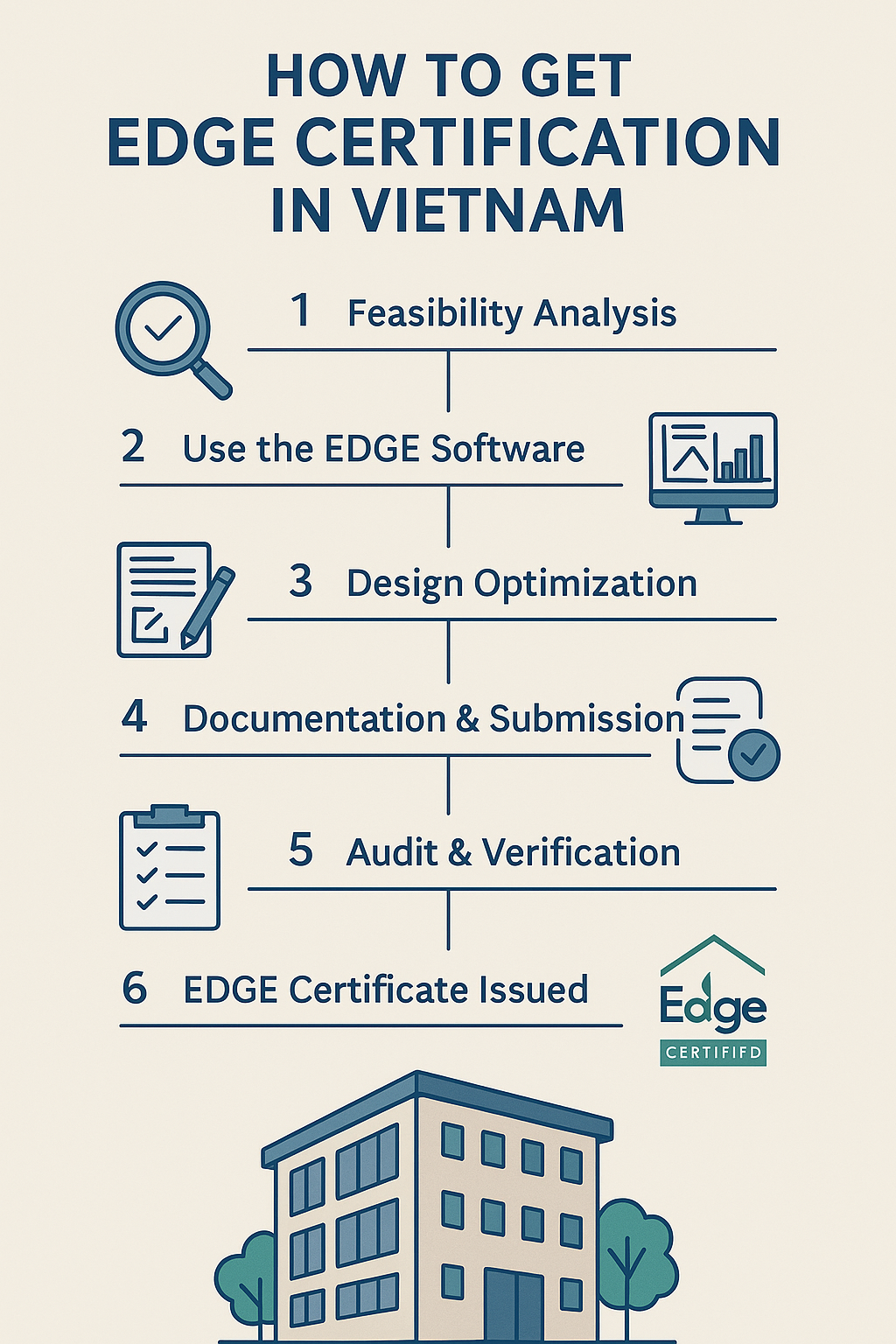 Infographic showing 6 steps to get EDGE Certification in Vietnam, including software use, audit, and certificate issuance.