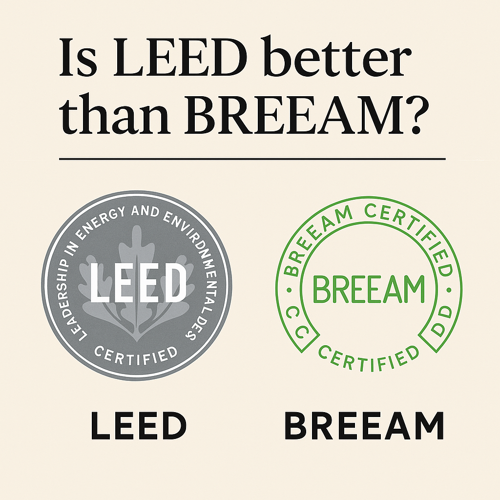 A comparison graphic showing the LEED and BREEAM certification logos side by side.