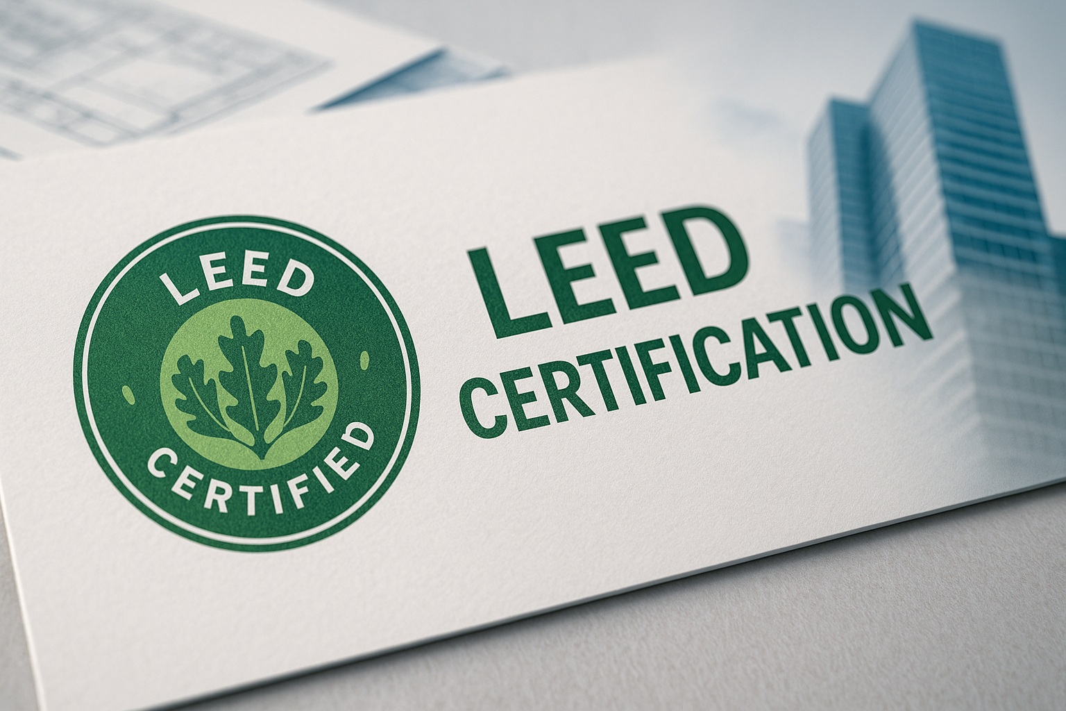 LEED Certified yazısı ve yeşil yaprak simgesiyle birlikte sürdürülebilir bina belgesi görseli