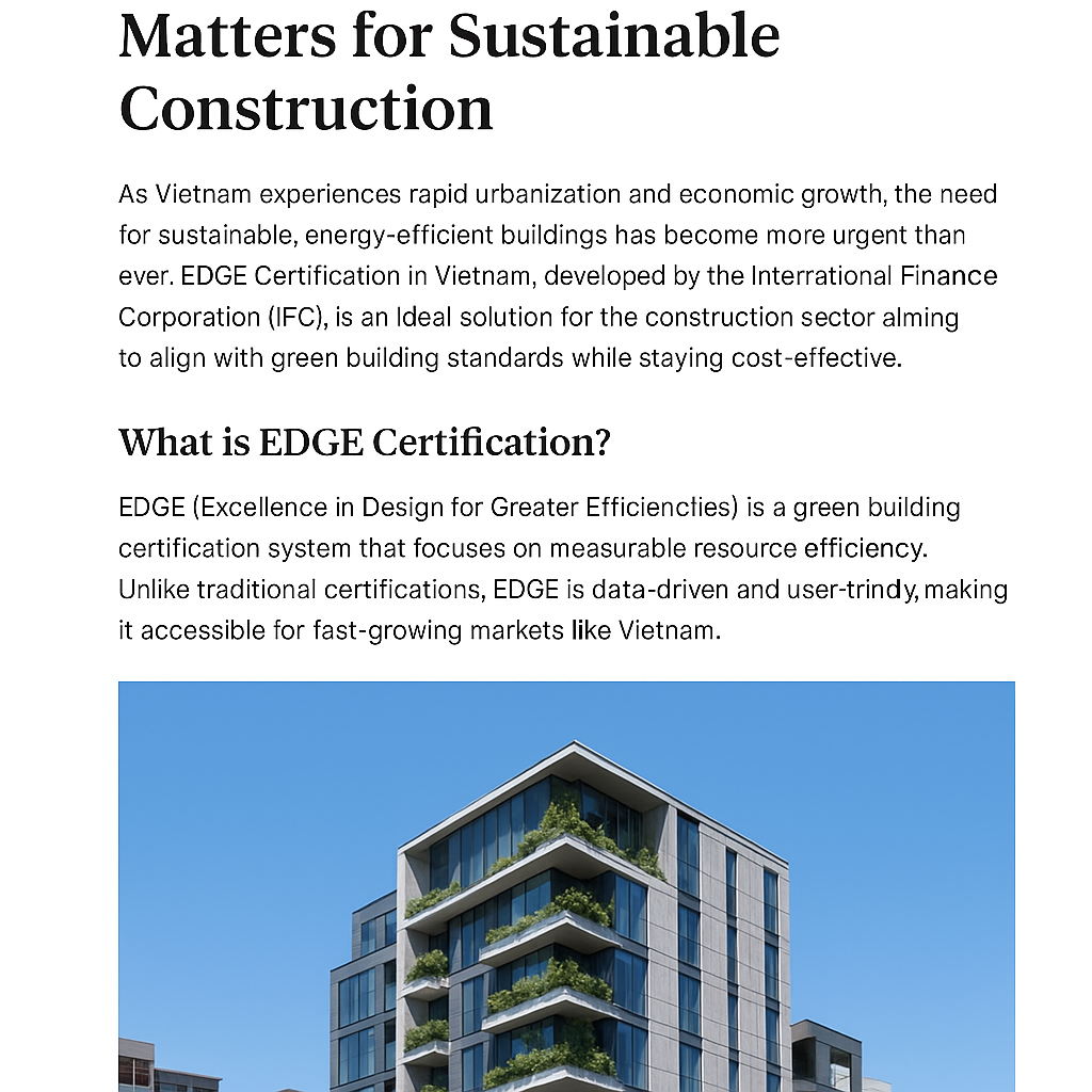 EDGE certified eco-friendly building in Hanoi, Vietnam with sustainable design and greenery on terraces.