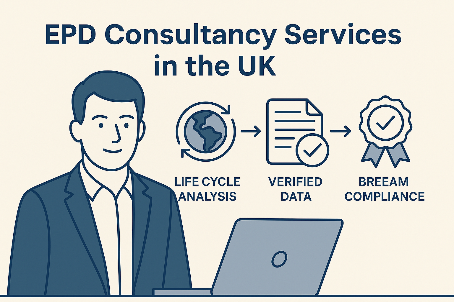 Illustration showing EPD consultancy process in the UK including LCA, carbon footprint and compliance documentation