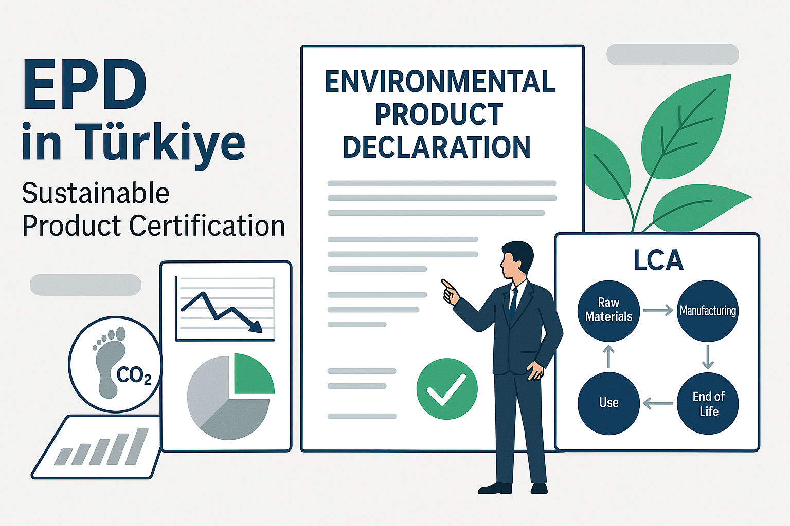 Environmental Product Declaration process in Türkiye with sustainability metrics and life cycle assessment visuals.