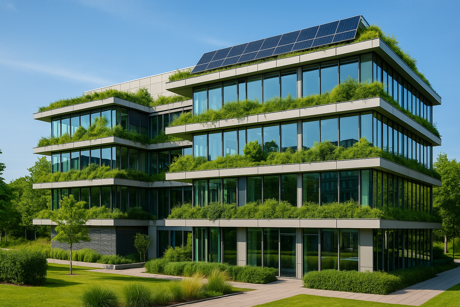 Modern sustainable green building design with solar panels and greenery in Uzbekistan