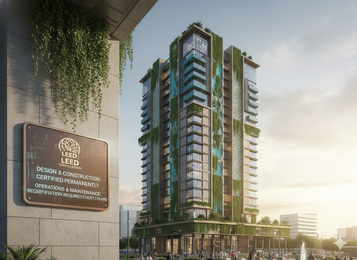 Green building in Uzbekistan with the LEED certification plaque clearly visible, illustrating how long do leed certifications last for design and operational efficiency.
