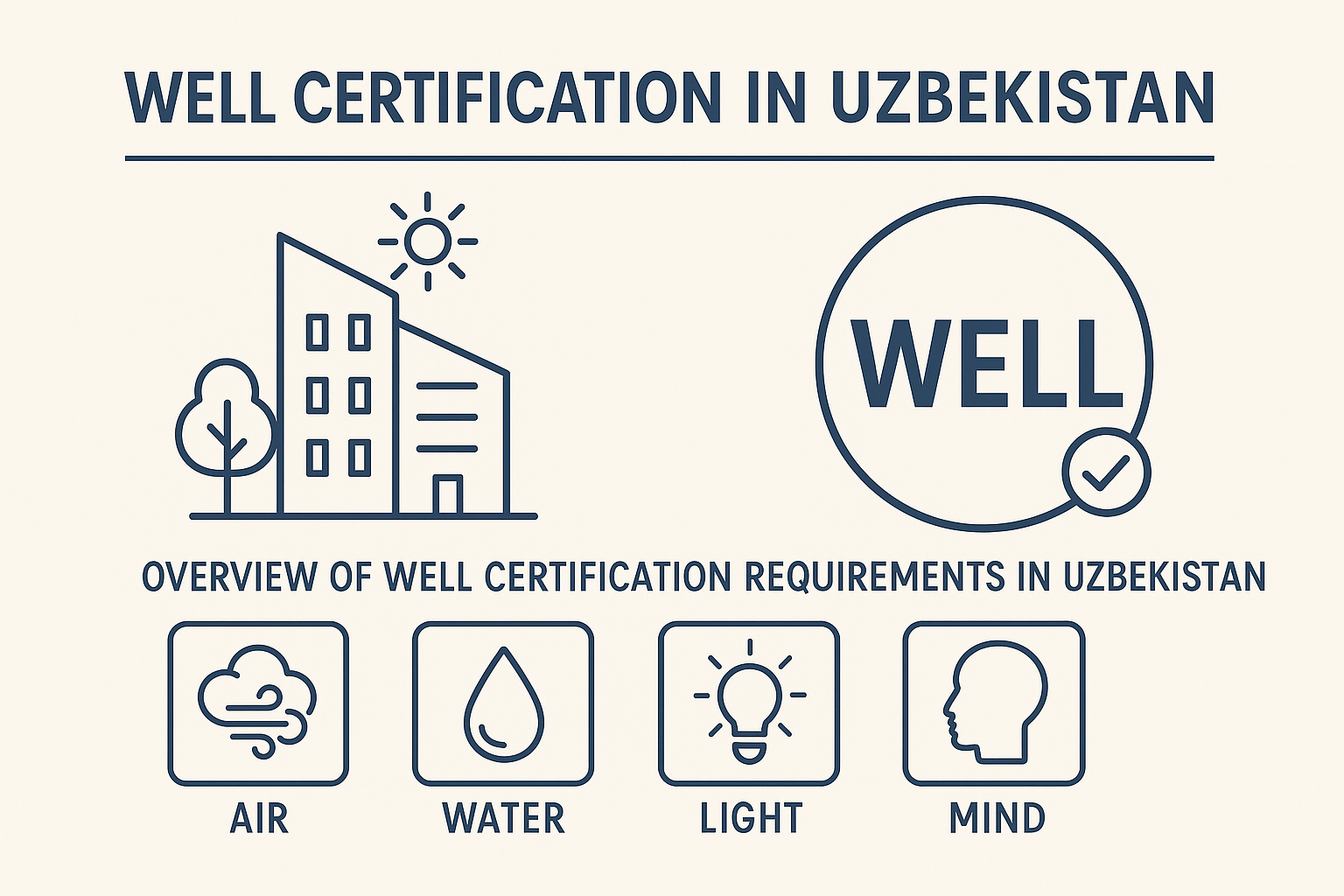 WELL certification concepts illustrated for building projects in Uzbekistan including air, water, light and mind categories.