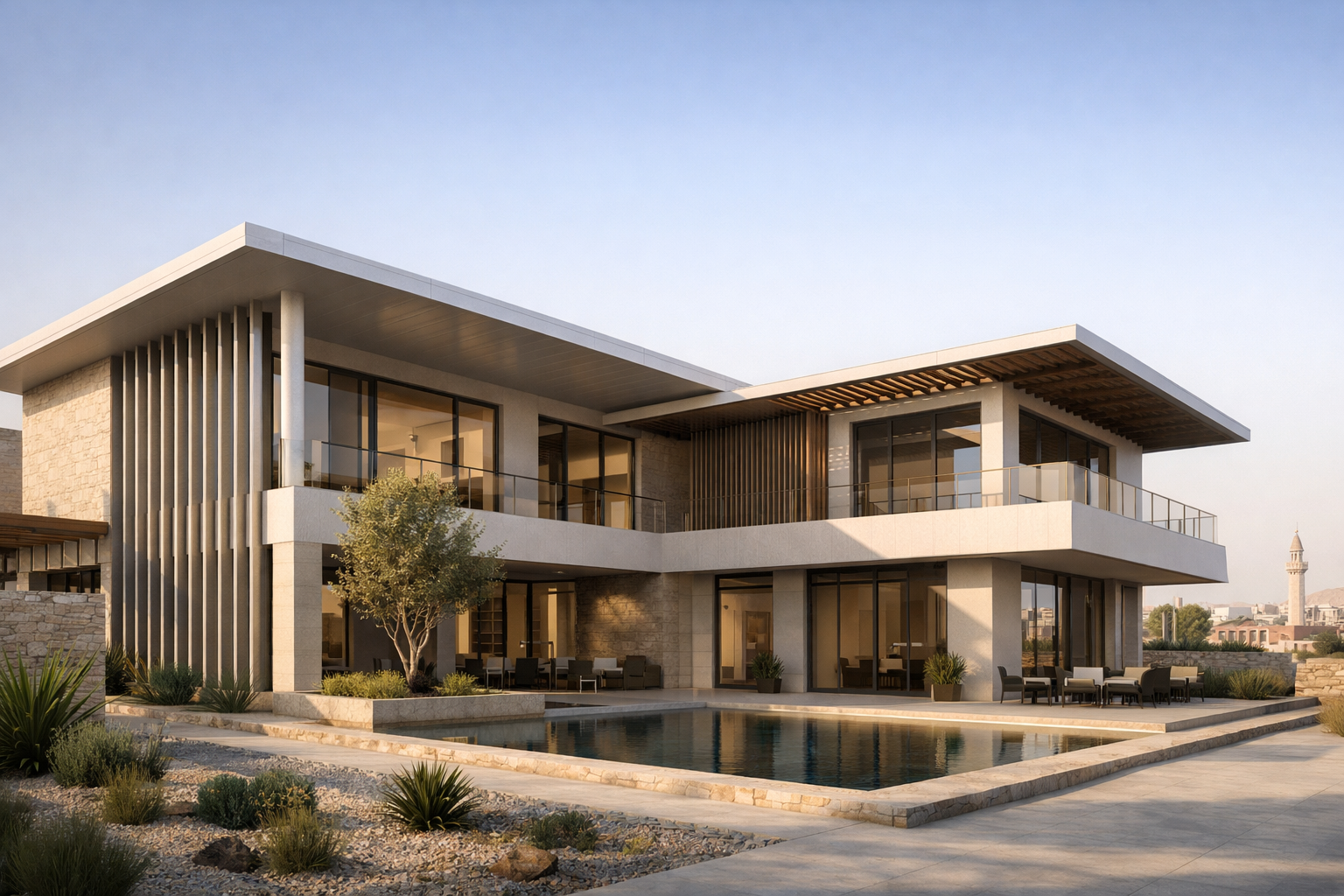 Passive Design in Iraq for a modern building with deep shading and a cool roof