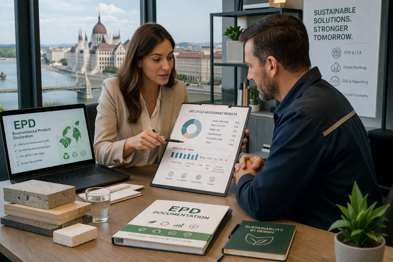 EPD Consultant in Hungary reviewing product lifecycle data with a manufacturer