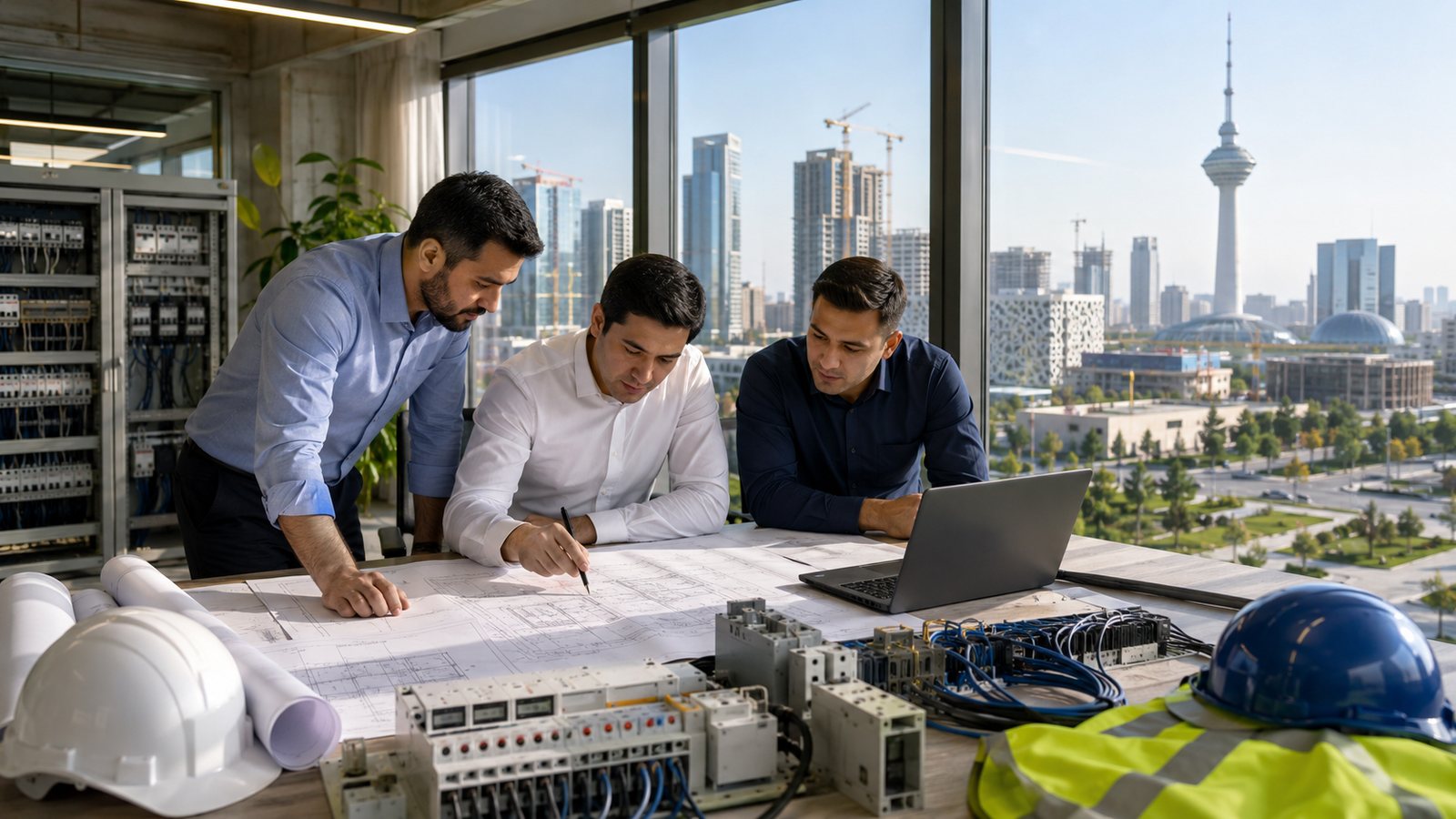 Electrical Design Tashkent engineering team reviewing sustainable building systems Title: Electrical Design Tashkent for Modern Buildings