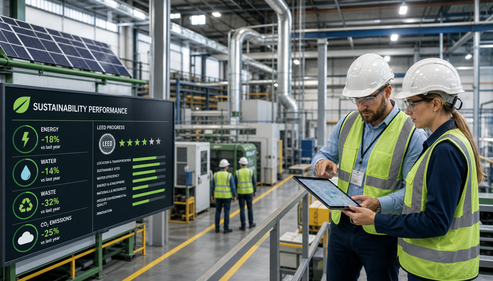 Factory LEED Consultant reviewing sustainability performance in an existing industrial facility