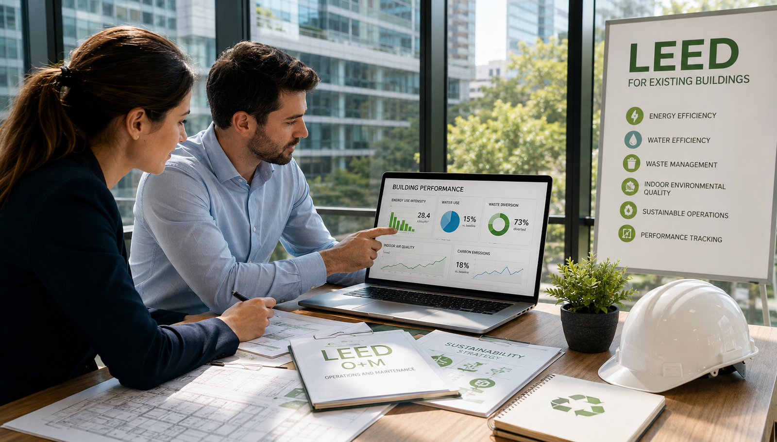 LEED Consultant Existing Buildings reviewing operational performance data