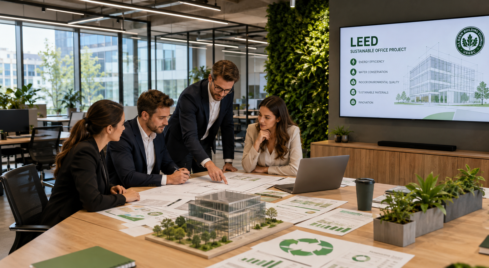 LEED Office Consultant guiding a modern sustainable office project