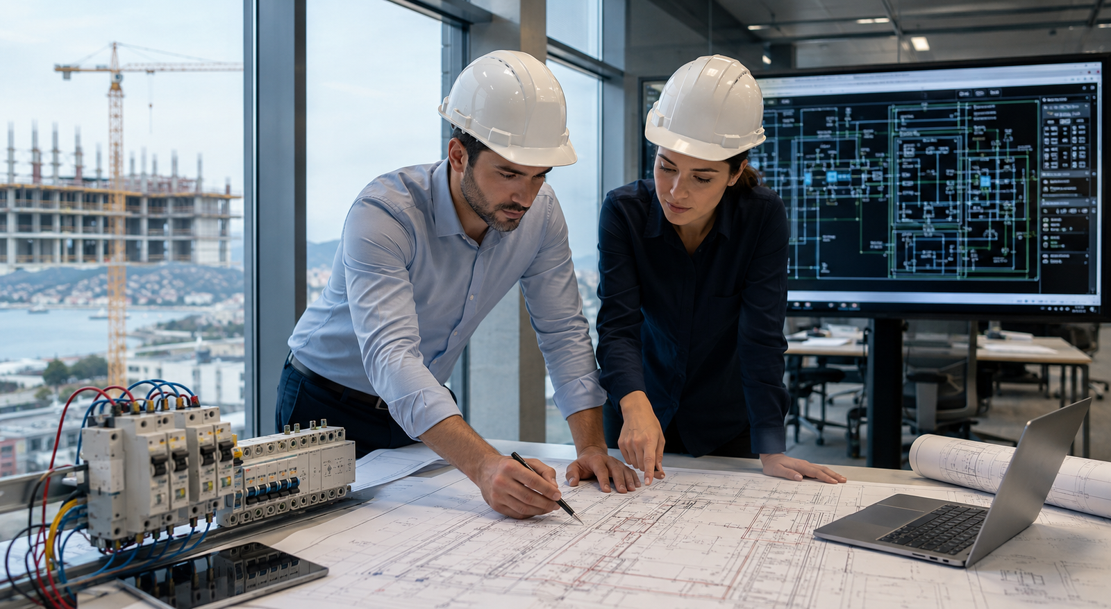 Turkiye Electrical Design team reviewing BIM-based power distribution for a modern commercial building