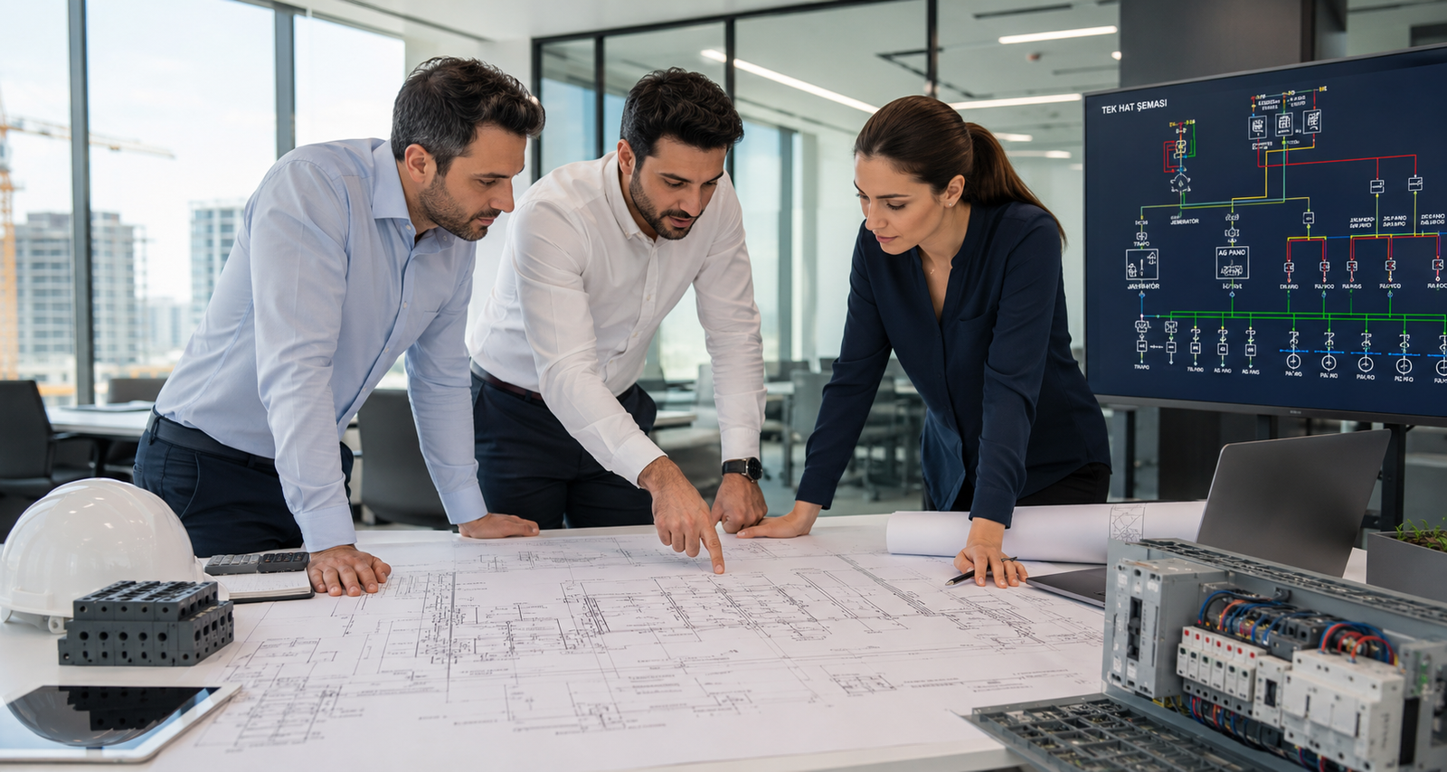 Elektrik Proje Danışmanlığı için mühendislik ekibi modern bina elektrik sistemlerini inceliyor