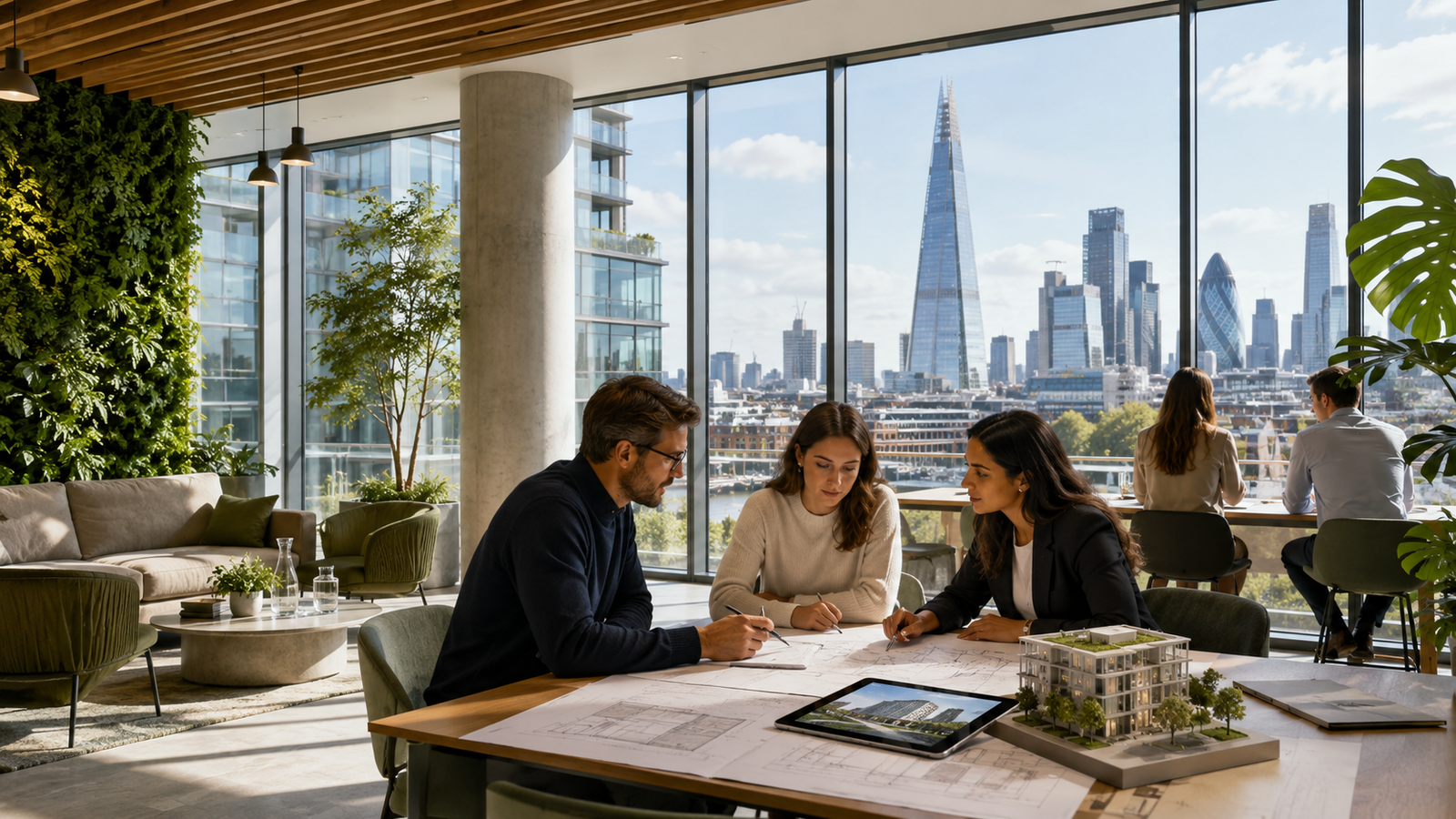 WELL Consultant London reviewing healthy building design in a modern office.