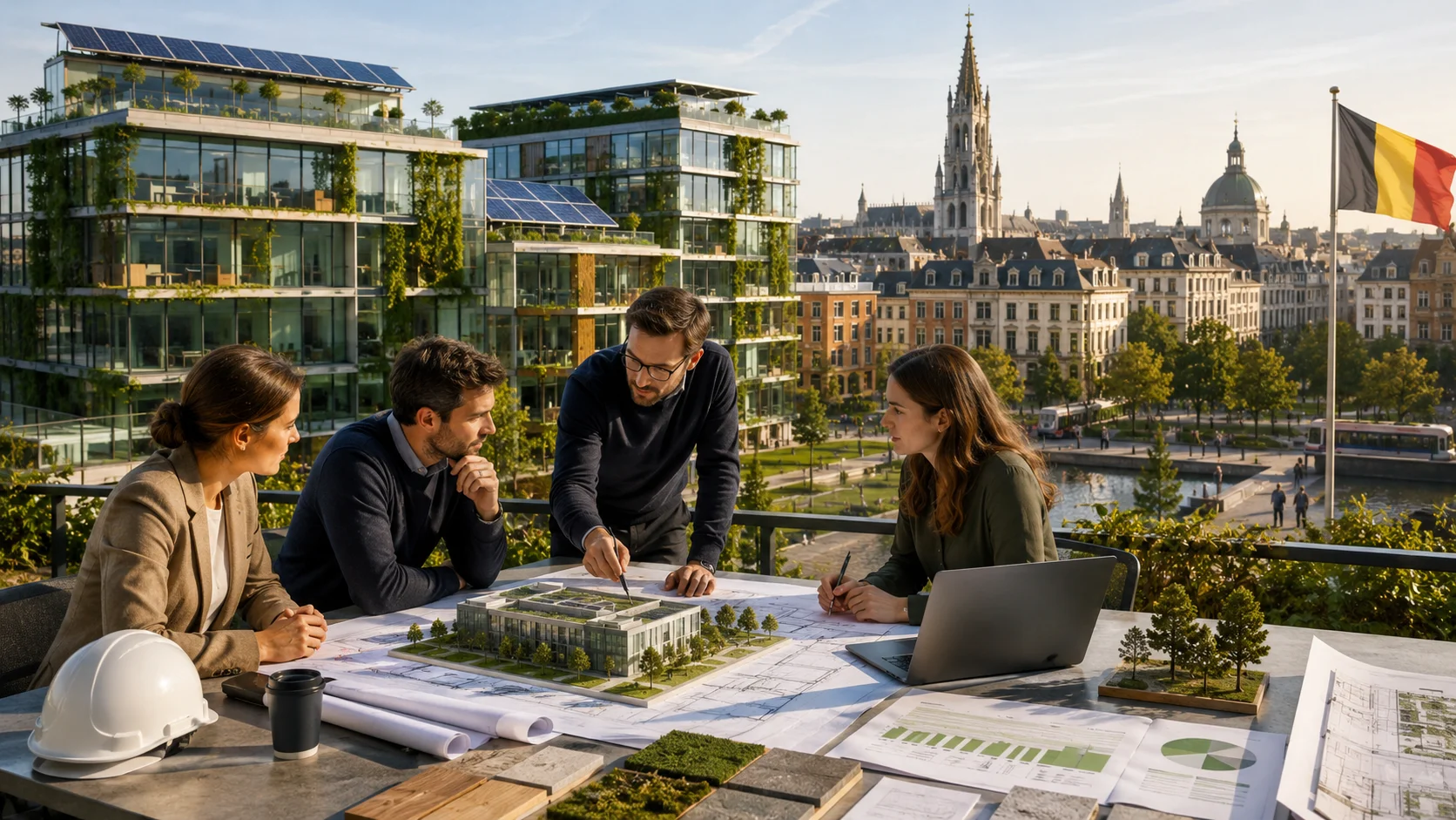 LEED Consultant in Belgium reviewing sustainable building certification plans for a modern office project