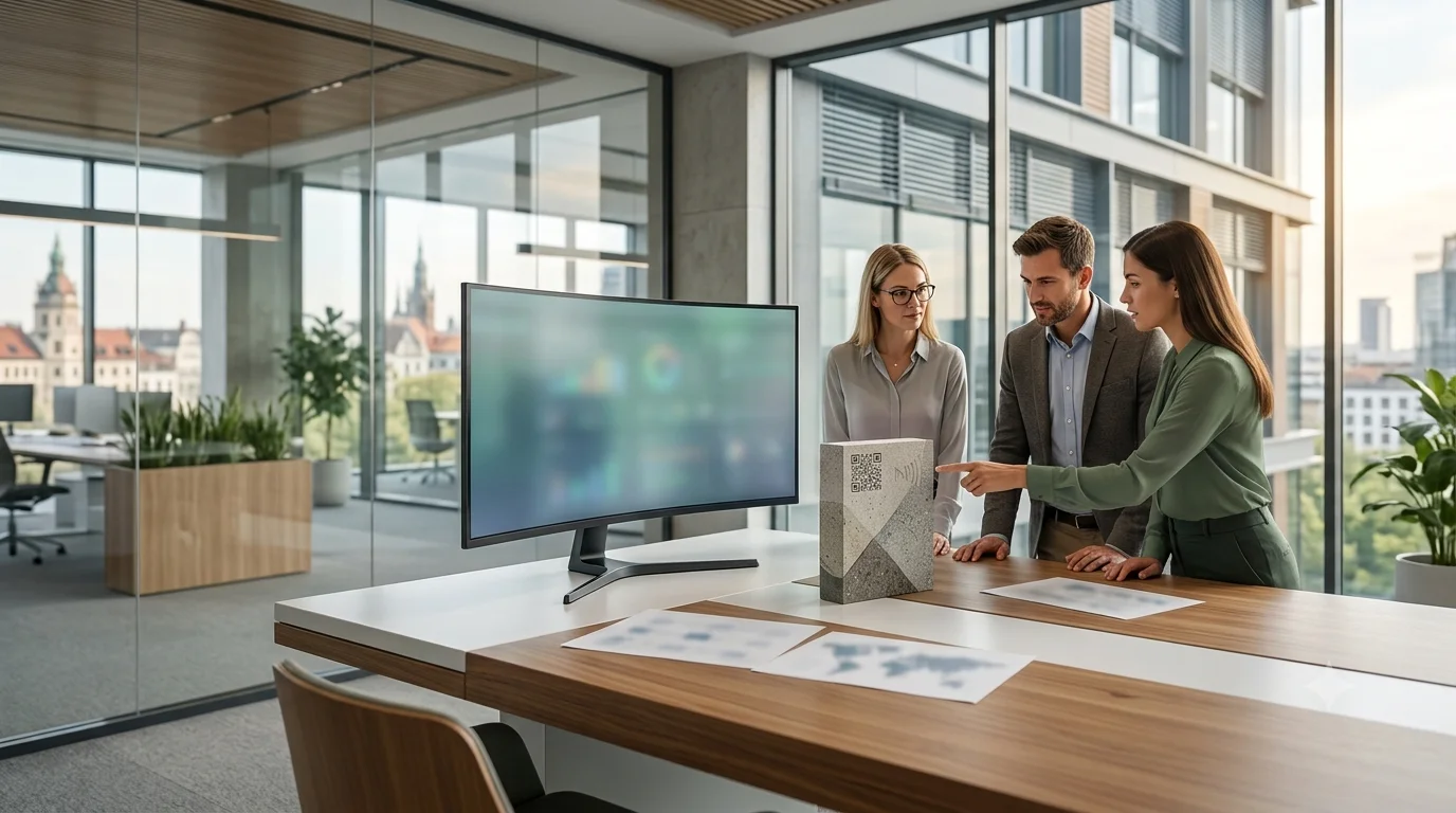 A professional sustainability consultancy team in a modern office reviewing abstract data infrastructure and circular economy metrics on a dashboard for the EU Digital Product Passport.