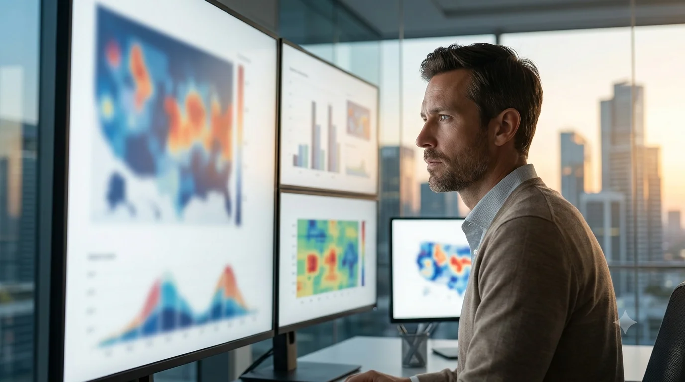 Premium 16:9 editorial blog cover for a sustainability consultancy showing a professional engineer in a modern office analyzing environmental performance data heat maps on a large display screen, with a blurred city skyline view in the background.