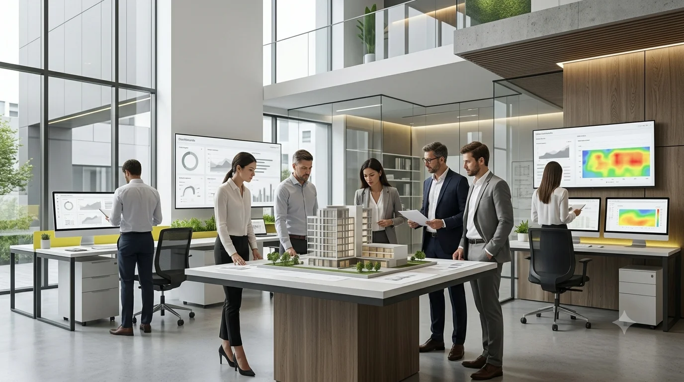A premium, modern architectural and engineering consultancy office where professionals review building models, sustainability dashboards, and environmental performance heat maps.