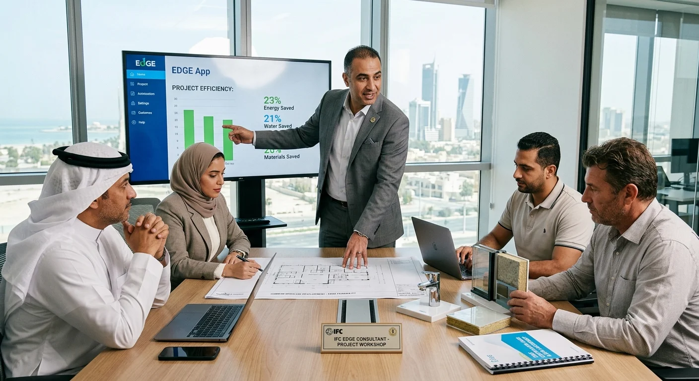 EDGE Consultant in Dammam reviewing energy, water, and material efficiency for a sustainable building project.